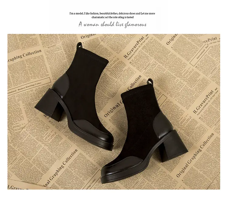 High-Heeled Women's Boots, Chunky Heel Short Boots, 2026 New Spring and Autumn Single Boots, Thick-Soled Stretch Slim Boots, Black Martin Boots — feature 11