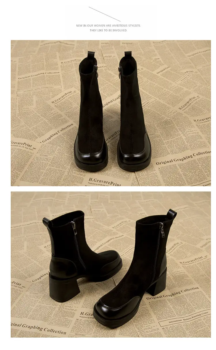 High-Heeled Women's Boots, Chunky Heel Short Boots, 2026 New Spring and Autumn Single Boots, Thick-Soled Stretch Slim Boots, Black Martin Boots — feature 12
