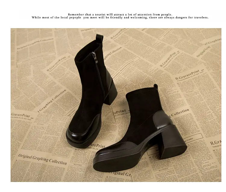 High-Heeled Women's Boots, Chunky Heel Short Boots, 2026 New Spring and Autumn Single Boots, Thick-Soled Stretch Slim Boots, Black Martin Boots — feature 13
