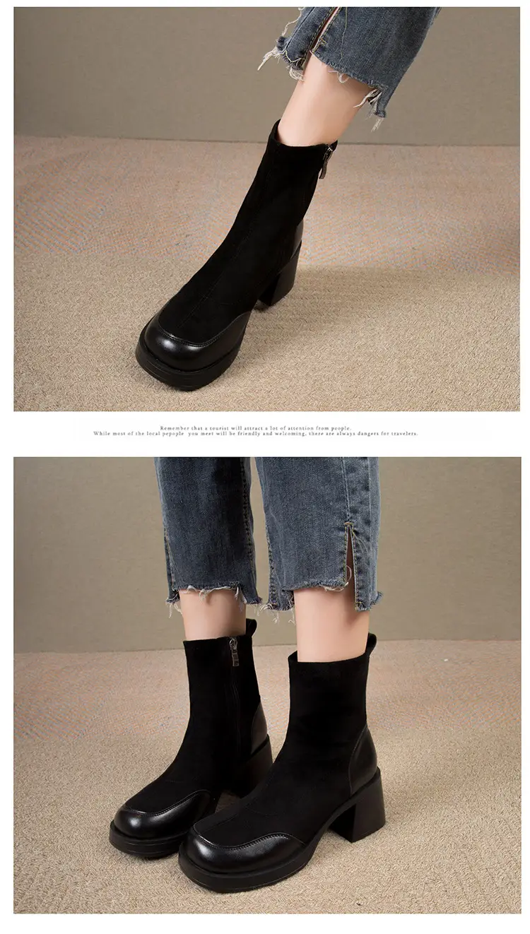 High-Heeled Women's Boots, Chunky Heel Short Boots, 2026 New Spring and Autumn Single Boots, Thick-Soled Stretch Slim Boots, Black Martin Boots — feature 6