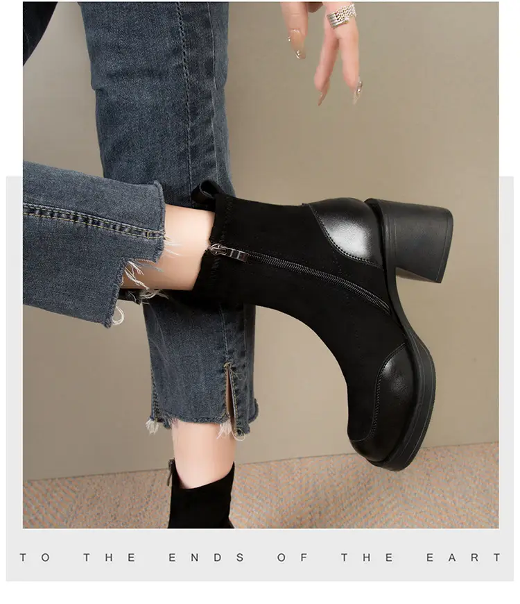 High-Heeled Women's Boots, Chunky Heel Short Boots, 2026 New Spring and Autumn Single Boots, Thick-Soled Stretch Slim Boots, Black Martin Boots — feature 8