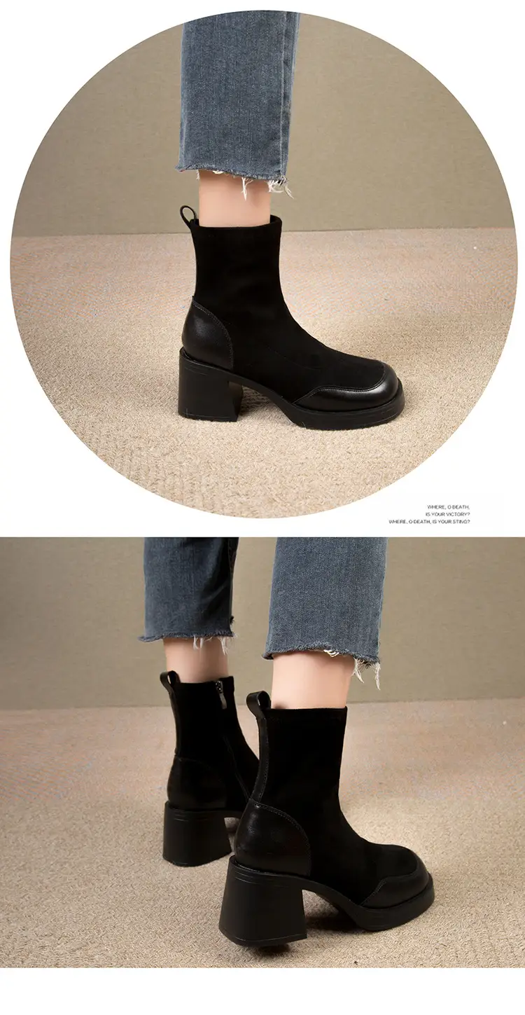 High-Heeled Women's Boots, Chunky Heel Short Boots, 2026 New Spring and Autumn Single Boots, Thick-Soled Stretch Slim Boots, Black Martin Boots — feature 9