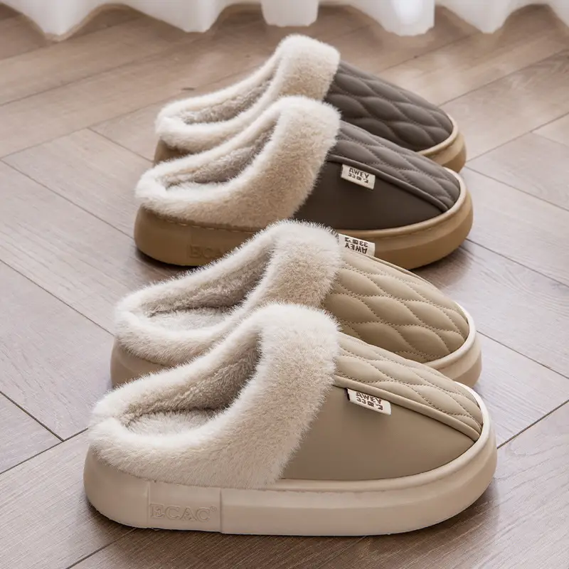 PU Waterproof Cotton Slippers for Women Couple Winter Home Non-slip Thick-soled fleece-lined Warm Shoes for Men Autumn - Image 10