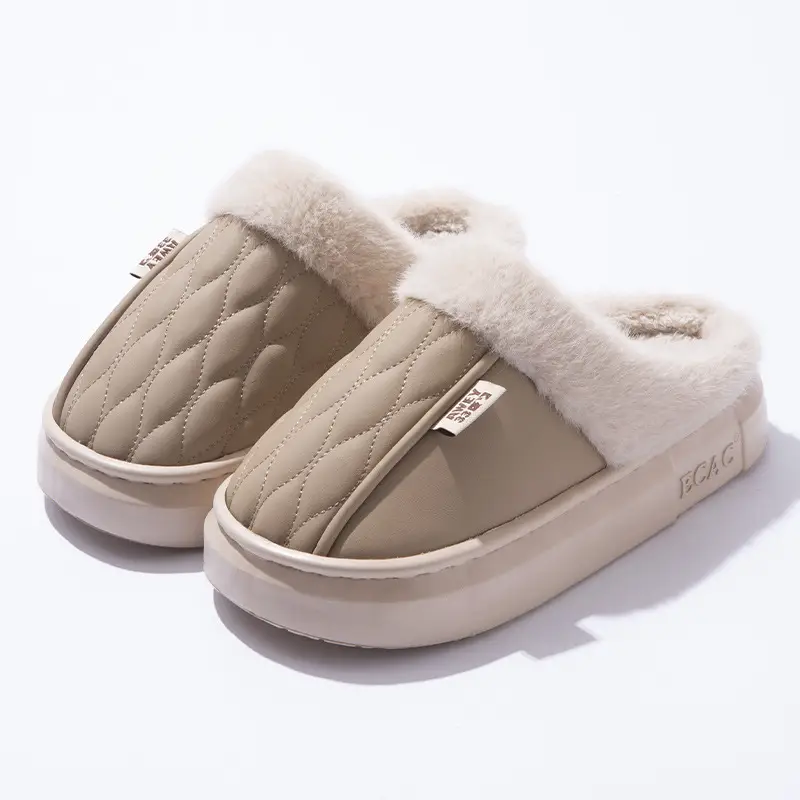 PU Waterproof Cotton Slippers for Women Couple Winter Home Non-slip Thick-soled fleece-lined Warm Shoes for Men Autumn - Image 2