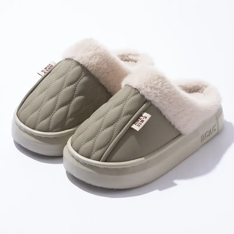 PU Waterproof Cotton Slippers for Women Couple Winter Home Non-slip Thick-soled fleece-lined Warm Shoes for Men Autumn - Image 3