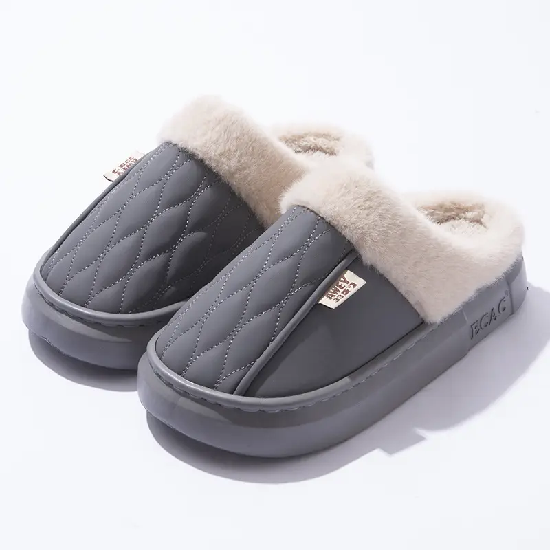 PU Waterproof Cotton Slippers for Women Couple Winter Home Non-slip Thick-soled fleece-lined Warm Shoes for Men Autumn - Image 4