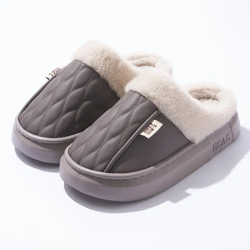 PU Waterproof Cotton Slippers for Women Couple Winter Home Non-slip Thick-soled fleece-lined Warm Shoes for Men Autumn - Image 5