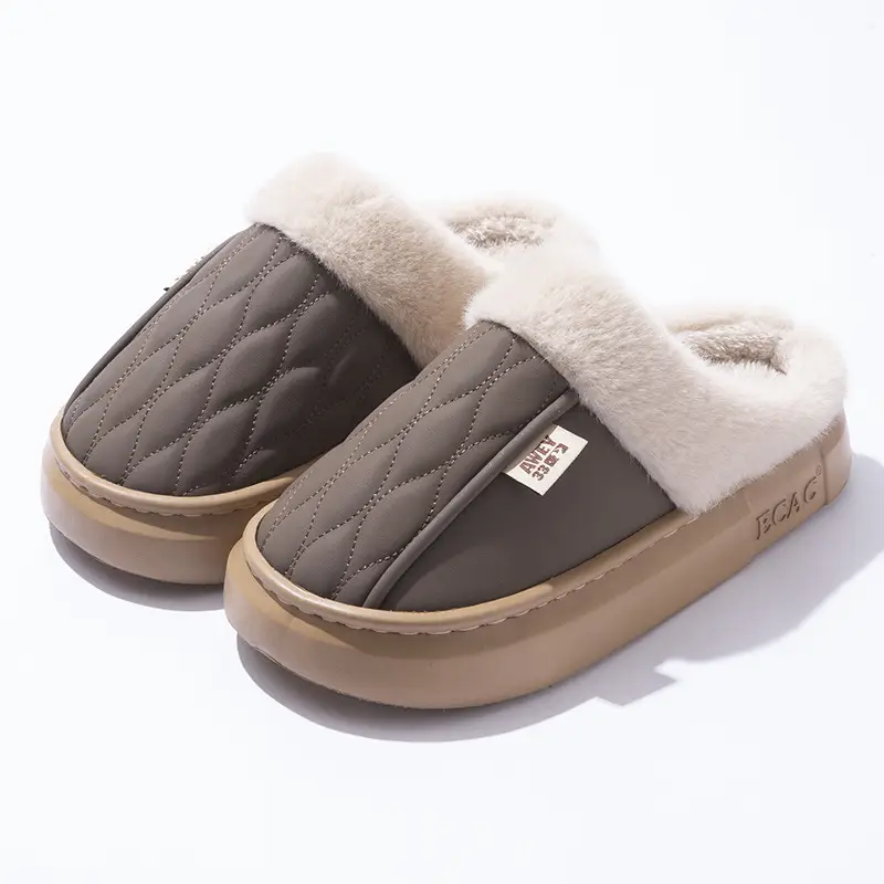 PU Waterproof Cotton Slippers for Women Couple Winter Home Non-slip Thick-soled fleece-lined Warm Shoes for Men Autumn - Image 6