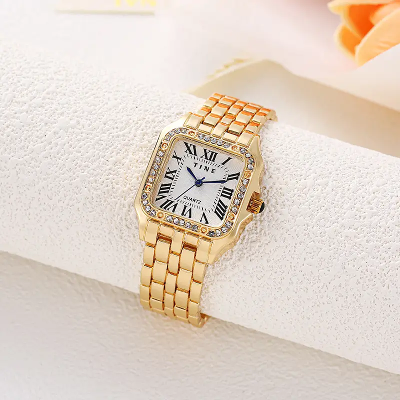 Gold Square Watch for Women with Diamond Crystal Dial - Image 2