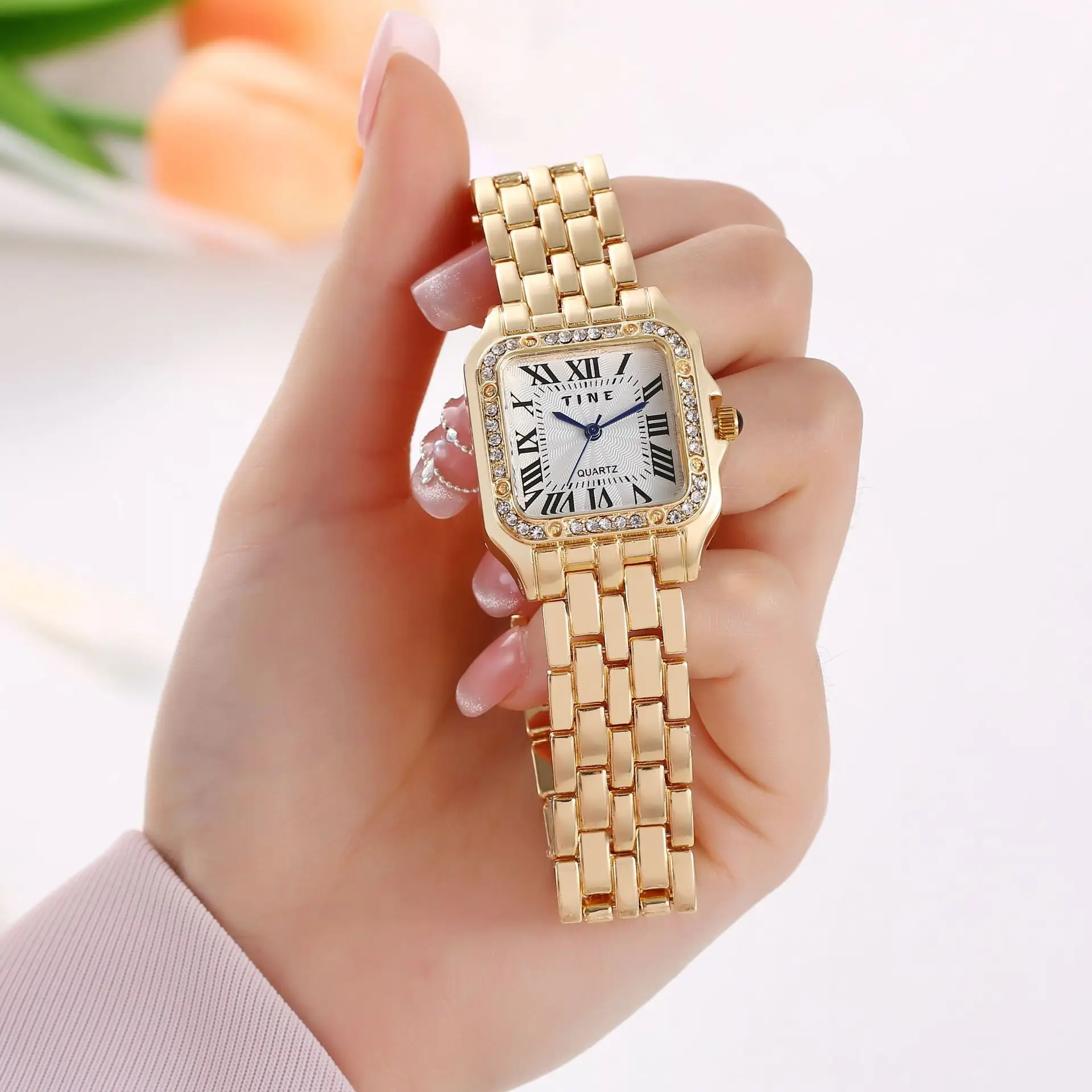 Gold Square Watch for Women with Diamond Crystal Dial - Image 3