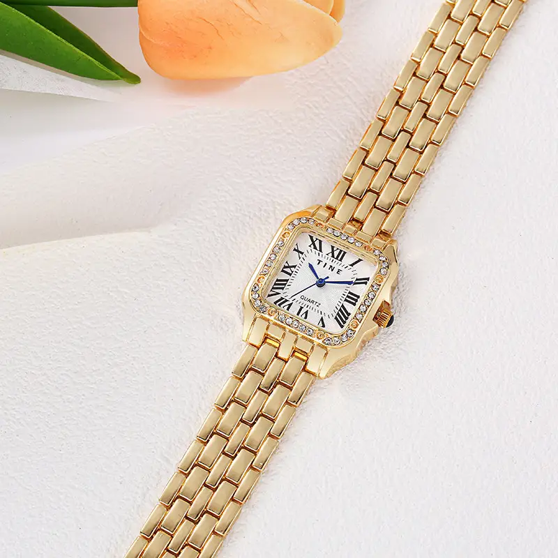 Gold Square Watch for Women with Diamond Crystal Dial - Image 4