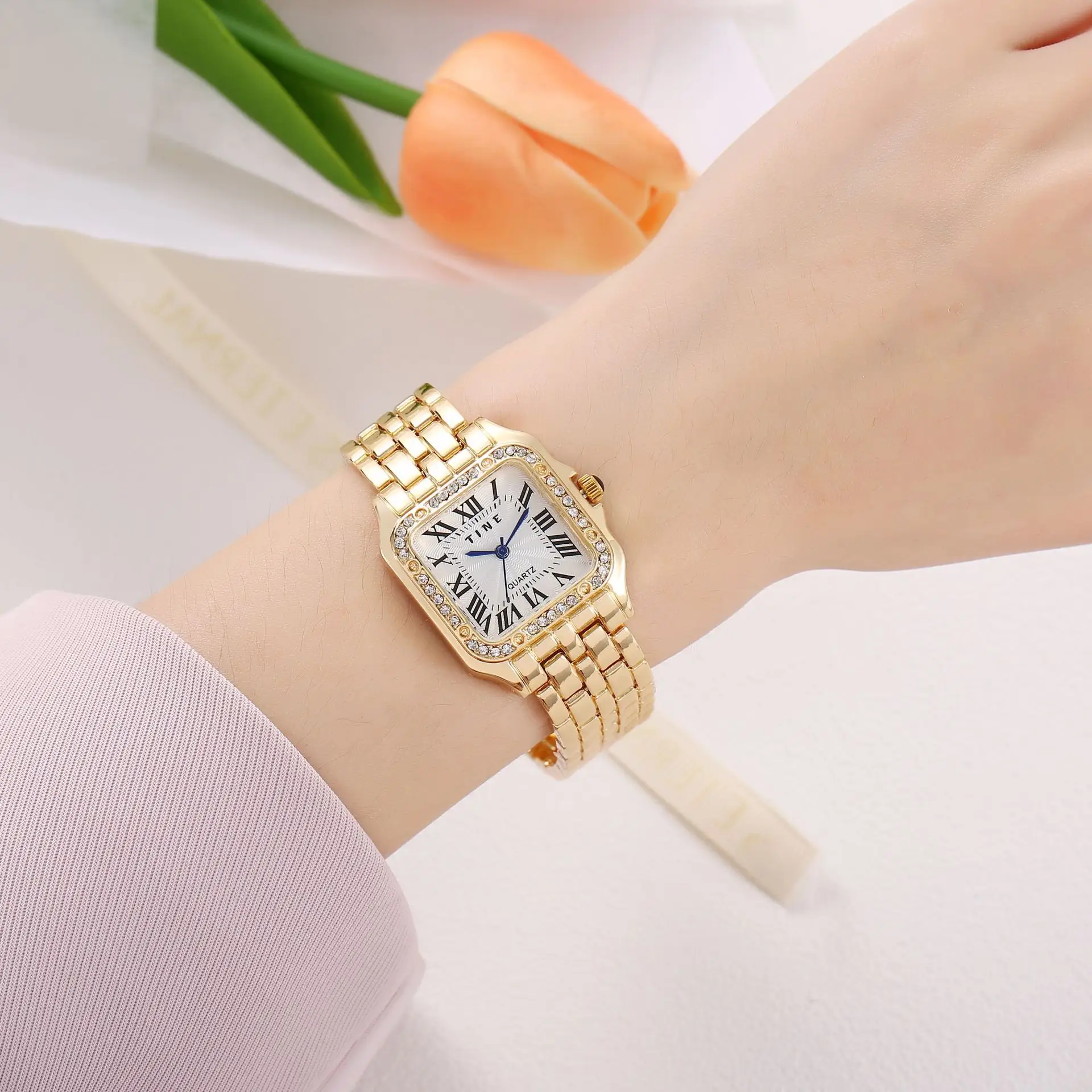 Gold Square Watch for Women with Diamond Crystal Dial — feature 6