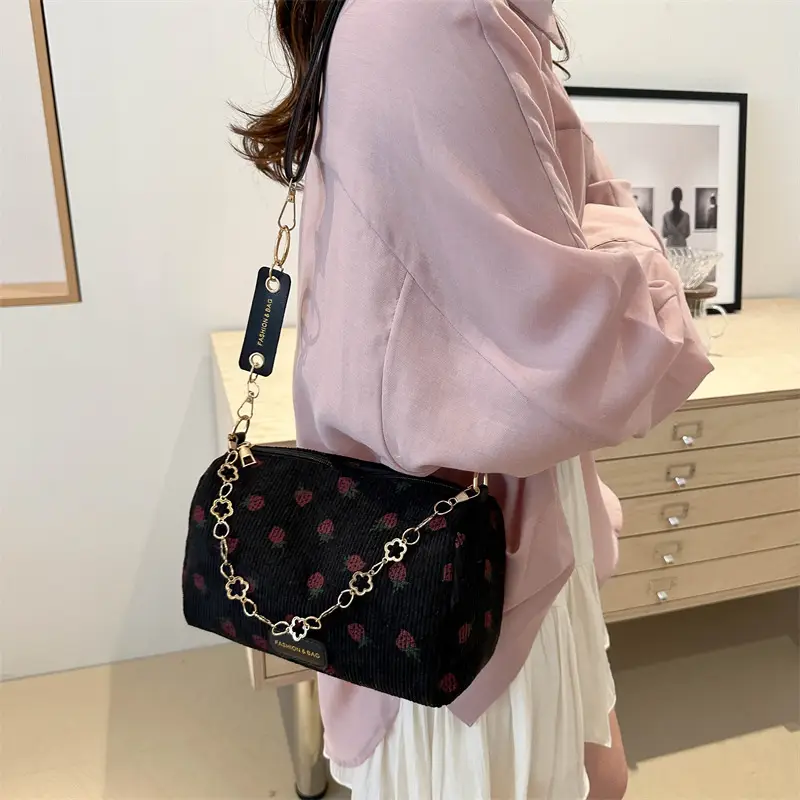 Pink Floral Corduroy Shoulder Crossbody Bag