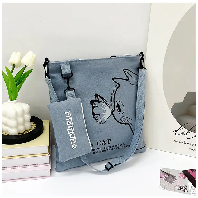 Japanese Cat Canvas Shoulder Bag Blue Large Capacity - Image 5