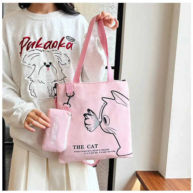 Japanese Cat Canvas Shoulder Bag Blue Large Capacity - Image 9