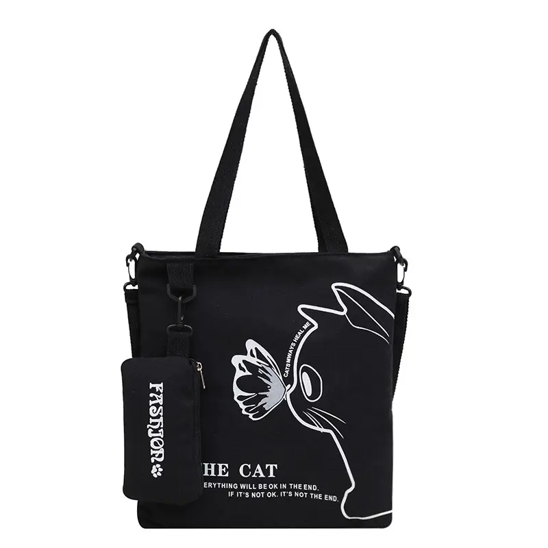 Japanese Cat Canvas Shoulder Bag Blue Large Capacity - Image 10