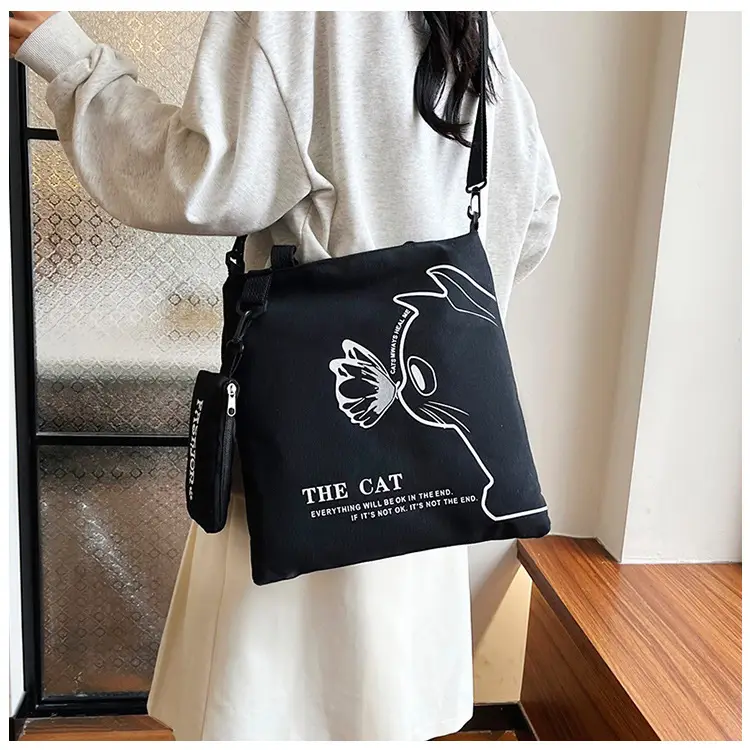 Japanese Cat Canvas Shoulder Bag Blue Large Capacity — feature 19