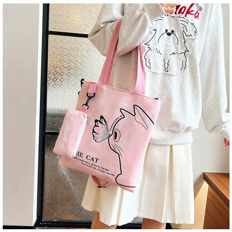Japanese Cat Canvas Shoulder Bag Blue Large Capacity — feature 20