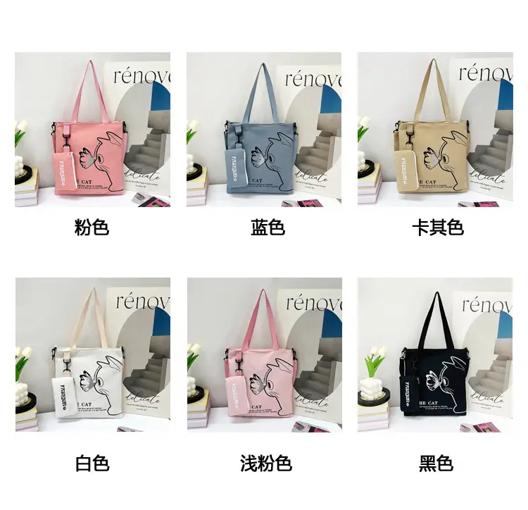 Japanese Cat Canvas Shoulder Bag Blue Large Capacity — feature 4
