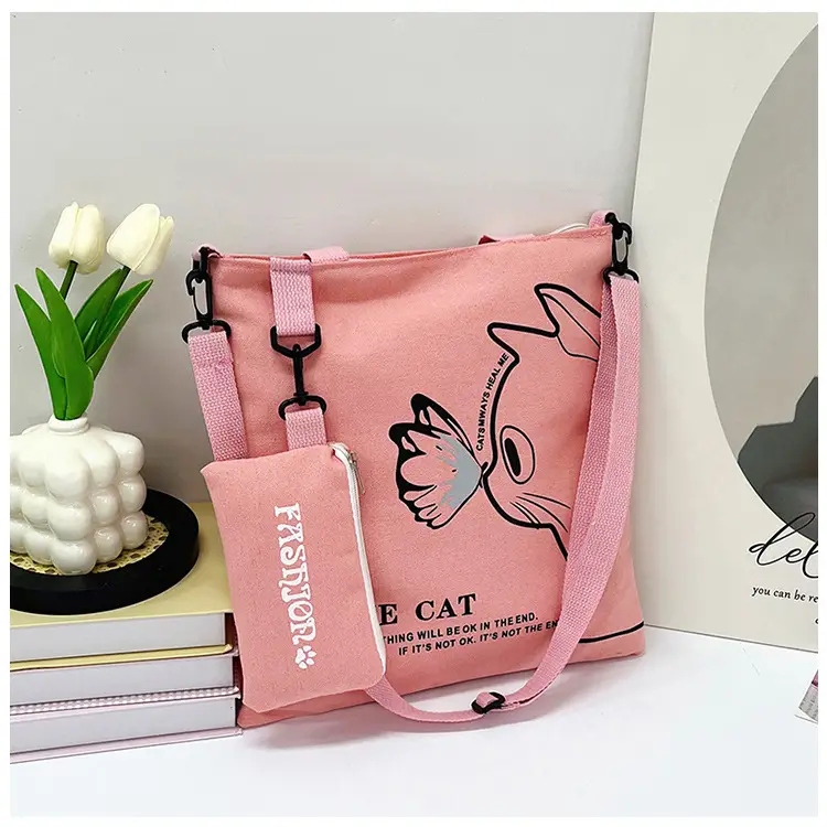 Japanese Cat Canvas Shoulder Bag Blue Large Capacity - Image 2