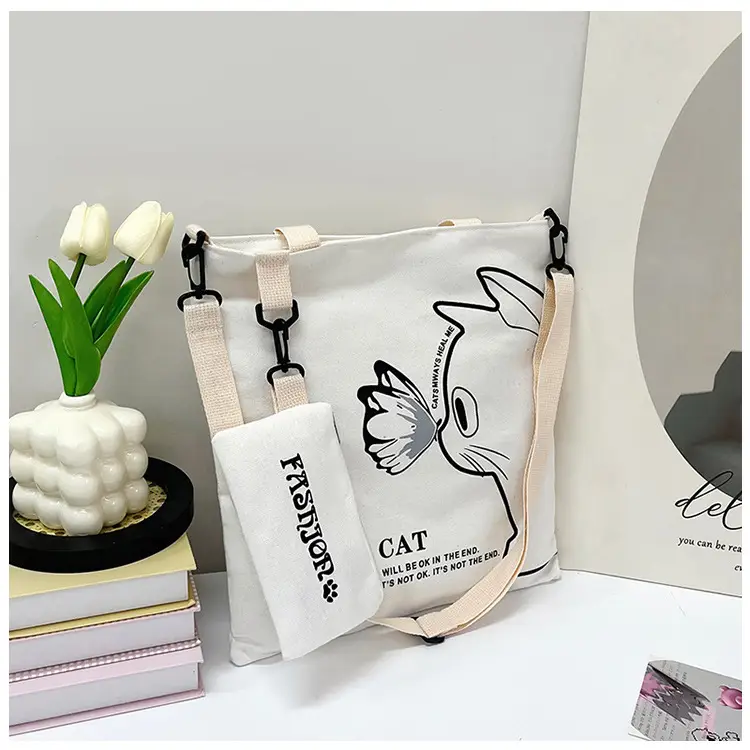 Japanese Cat Canvas Shoulder Bag Blue Large Capacity - Image 3