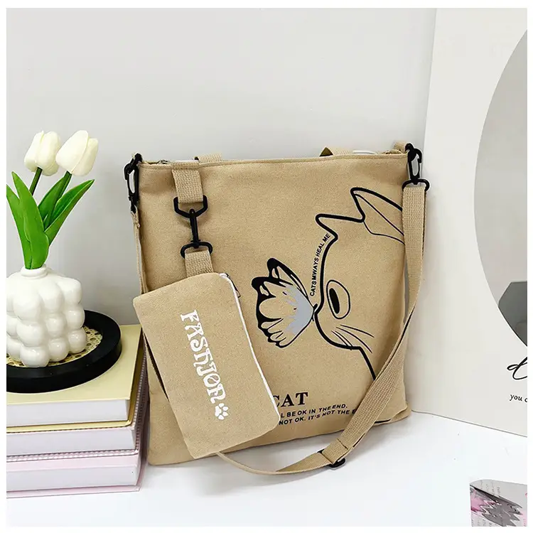 Japanese Cat Canvas Shoulder Bag Blue Large Capacity - Image 4