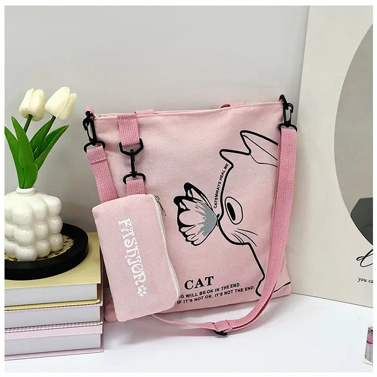 Japanese Cat Canvas Shoulder Bag Blue Large Capacity - Image 6