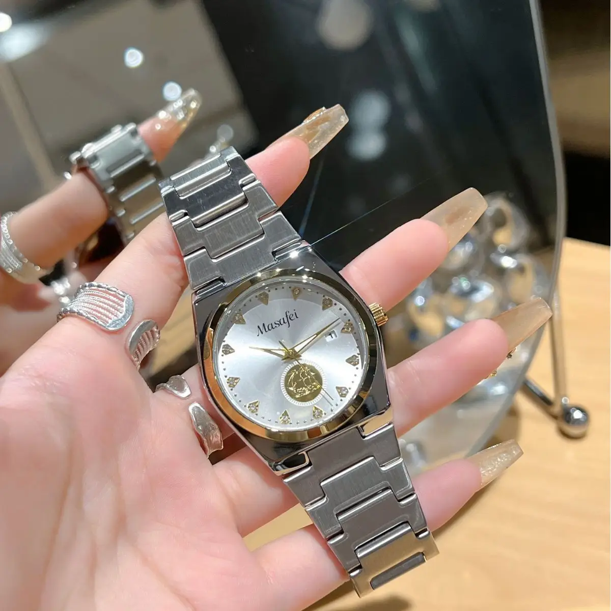 Swiss Men's Gold Ship Watch with Large Dial & Quartz Movement