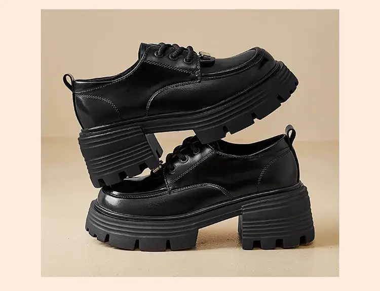 British Style Spring and Autumn Small Leather Shoes Women's 2024 New Black Thick-soled Loafers Soft Leather Lace-up All-match Single-layer Shoes — feature 13
