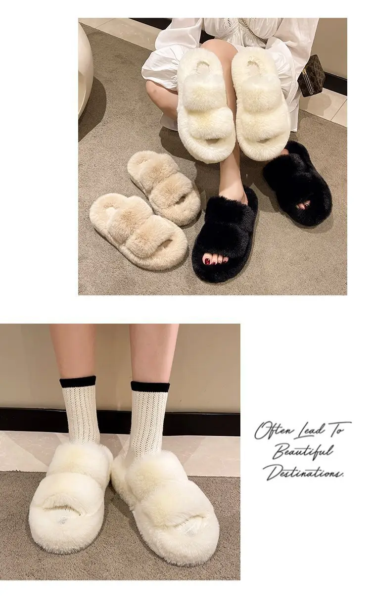 Autumn and Winter New Internet Celebrant Thick-soled Mao Mao Slippers Women's Korean-style Fashionable Outer Wear Plush Home Indoor One-word Cotton Slippers — feature 2