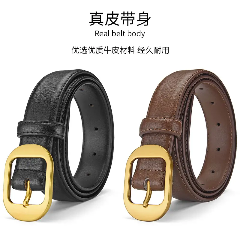 Women Genuine Leather Belt Black Brown Gold Buckle - Image 9