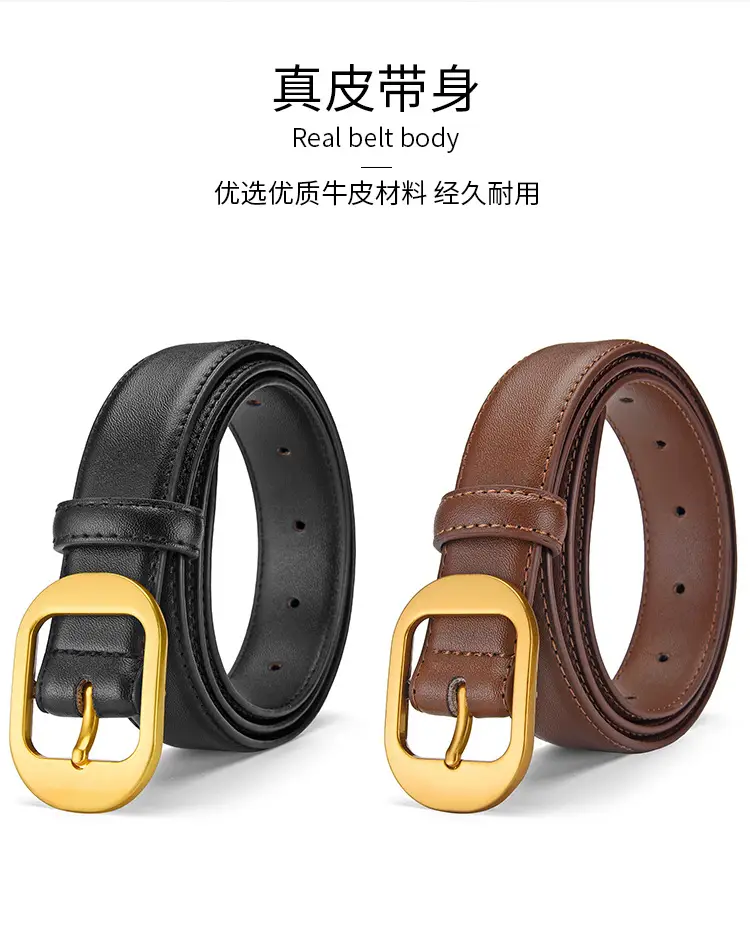 Women Genuine Leather Belt Black Brown Gold Buckle — feature 10