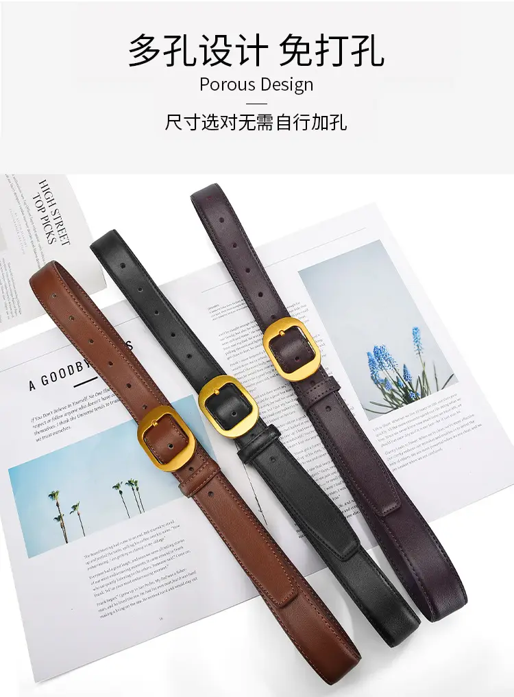 Women Genuine Leather Belt Black Brown Gold Buckle — feature 19