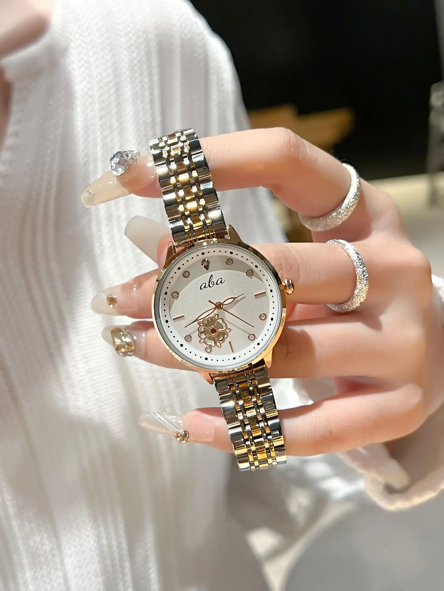 Women's Diamond Studded Quartz Watch with Gold Steel Band — feature 1