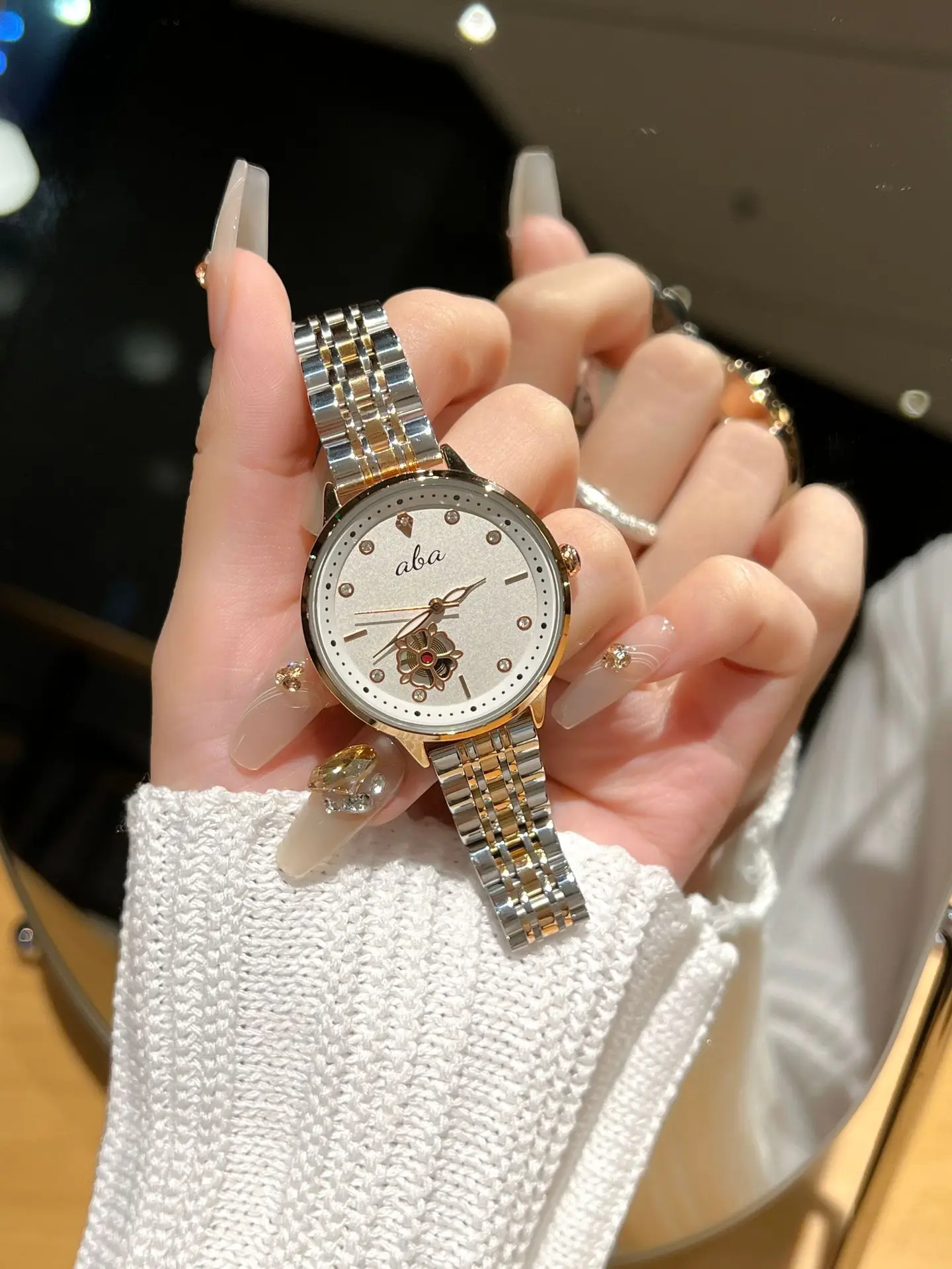 Women's Diamond Studded Quartz Watch with Gold Steel Band — feature 3
