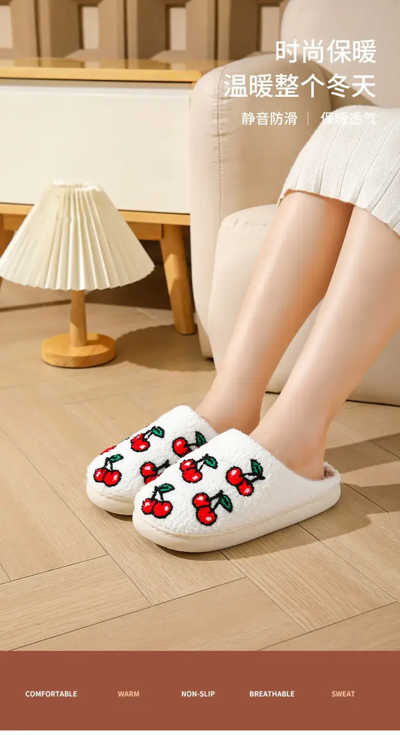 Cross-border winter cherry cotton slippers women's wholesale household indoor non-slip warm slippers autumn and winter home TEMU hair generation — feature 1