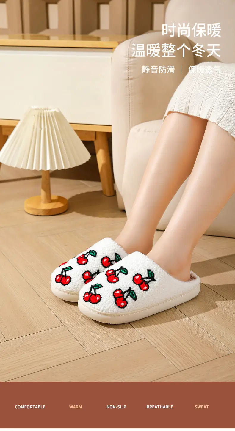Cross-border winter cherry cotton slippers women's wholesale household indoor non-slip warm slippers autumn and winter home TEMU hair generation — feature 1