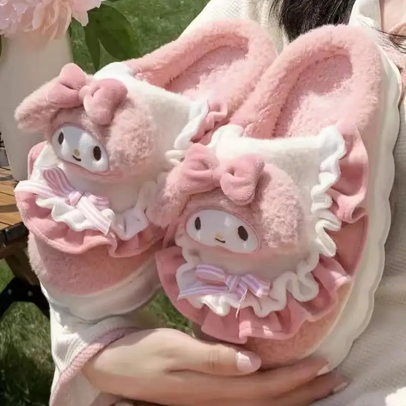 Sanrio Kulomi Cotton Slippers Women's Winter Cartoon Student Dormitory Thickened Non-slip Cotton Shoes Plush Flat Cotton Slippers