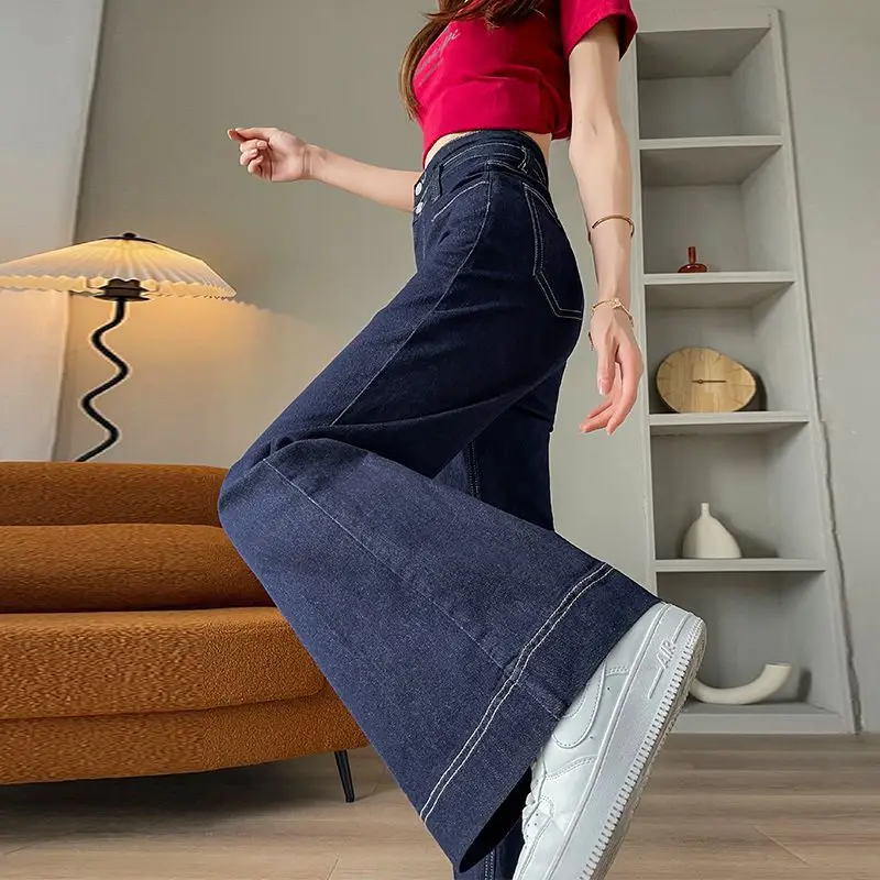 Women Wide Leg Jeans Dark Blue Loosen 2024