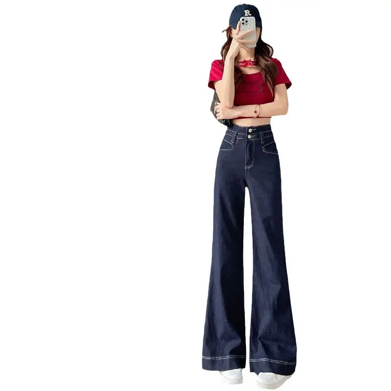 Women Wide Leg Jeans Dark Blue Loosen 2024