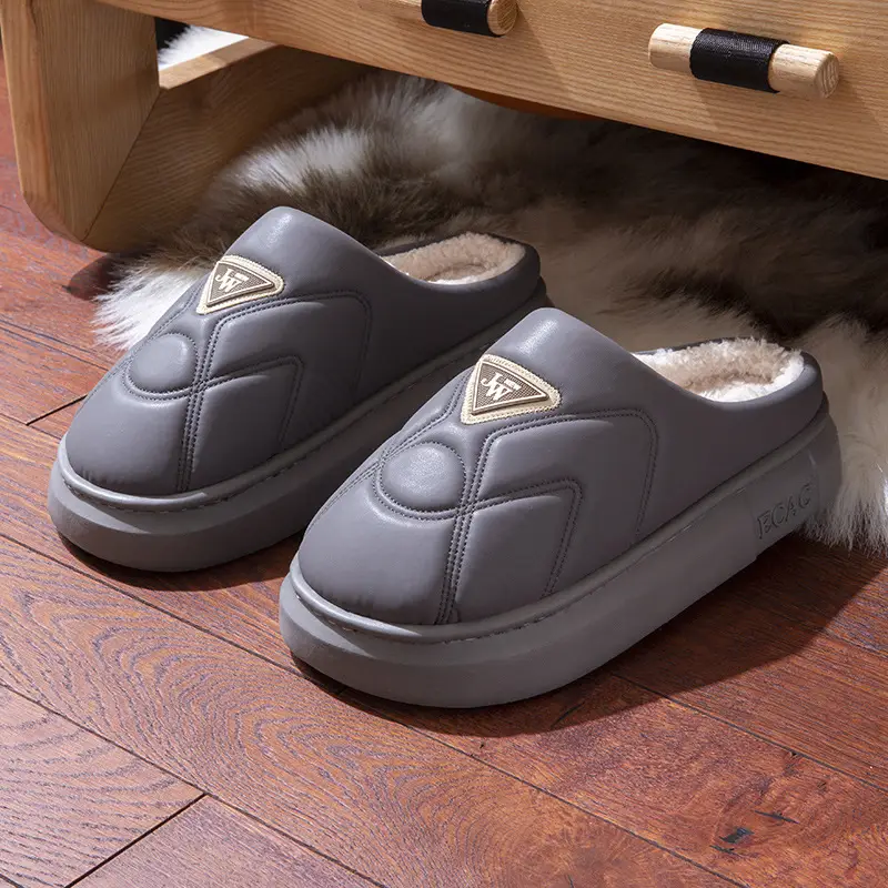 New Waterproof Cotton Slippers for Women Autumn and Winter Couple Home Thick Bottom Non-slip fleece-lined Warm Comfortable Cotton Slippers for Men - Image 3
