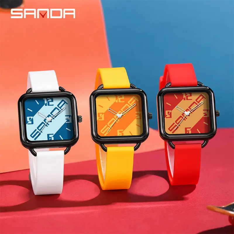 Sanda Square Watch Black Silicone Waterproof Men Women Quartz