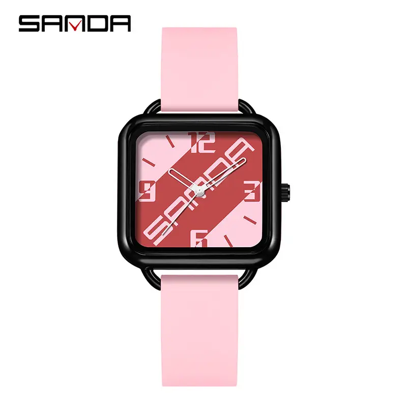 Sanda Square Watch Black Silicone Waterproof Men Women Quartz
