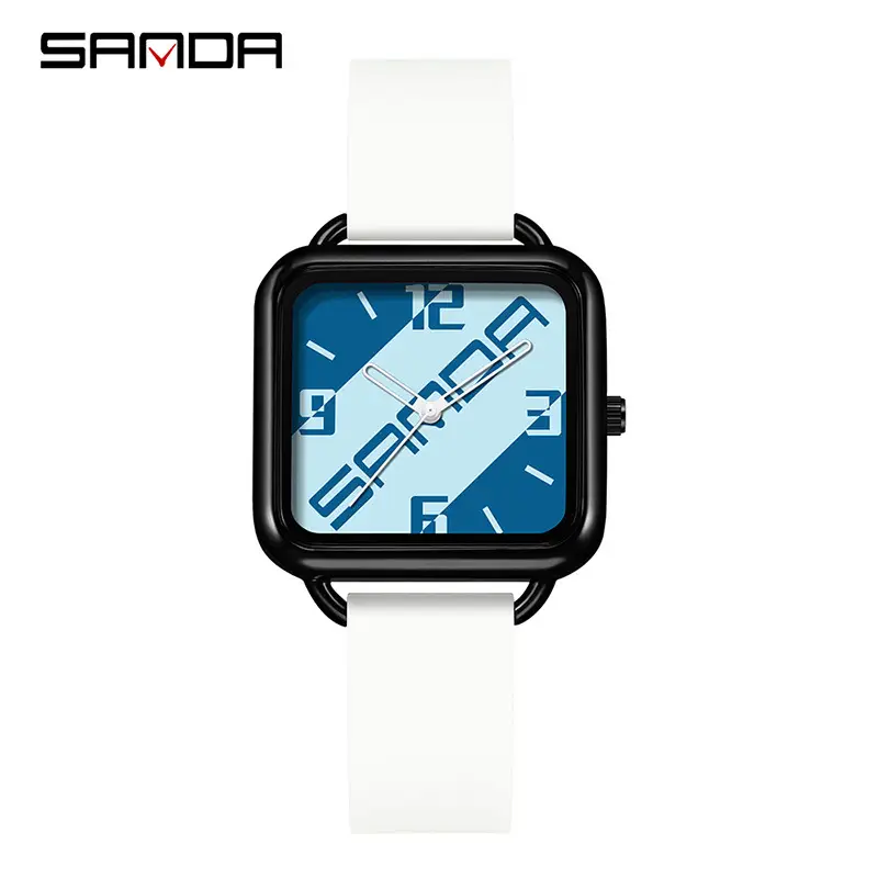 Sanda Square Watch Black Silicone Waterproof Men Women Quartz