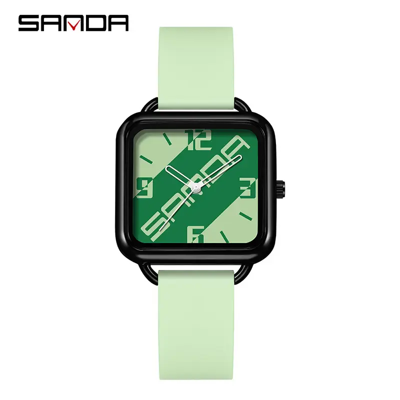 Sanda Square Watch Black Silicone Waterproof Men Women Quartz