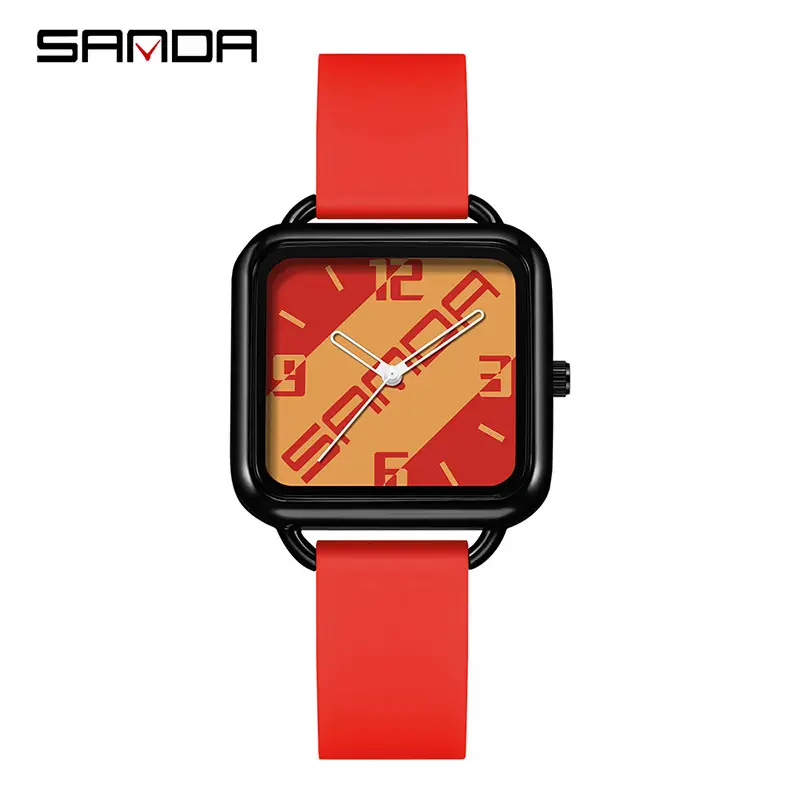 Sanda Square Watch Black Silicone Waterproof Men Women Quartz