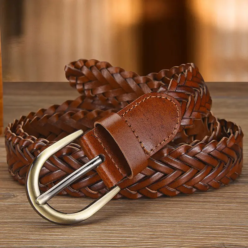 Women's White Braided Leather Belt with Gold Buckle - Image 10
