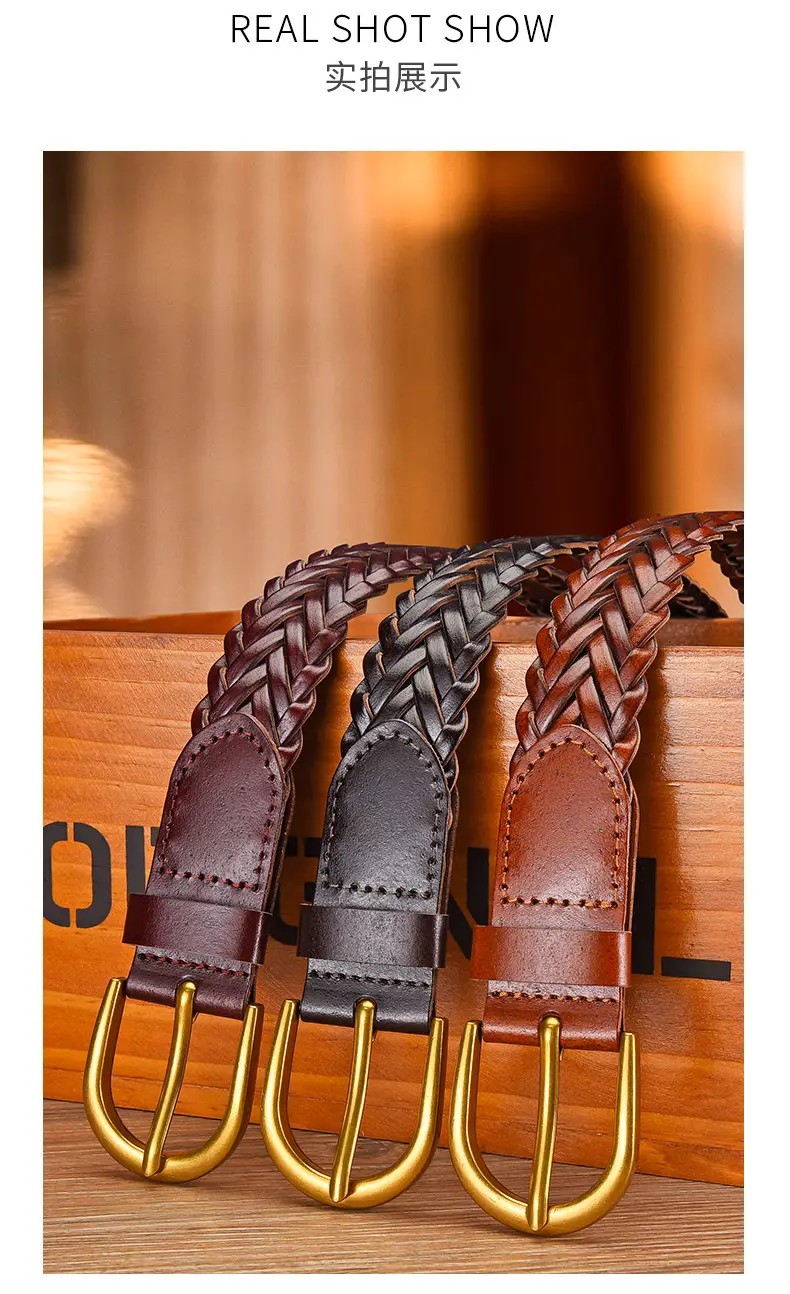 Women's White Braided Leather Belt with Gold Buckle — feature 12