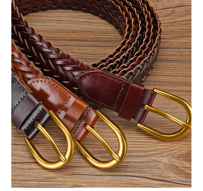 Women's White Braided Leather Belt with Gold Buckle — feature 13