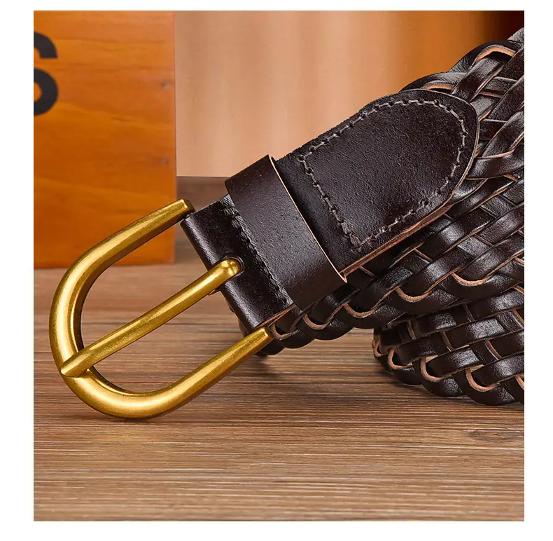 Women's White Braided Leather Belt with Gold Buckle — feature 15